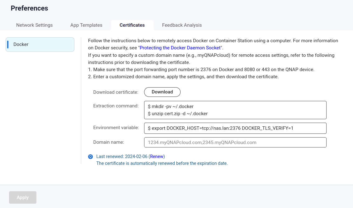 Вкладка Certificates в Container Station Preferences